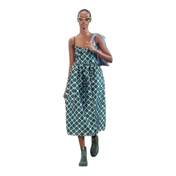 Stine Goya Arya Metallic Jacquard Check Satin MIDI Sleeveless Dress Size  Small